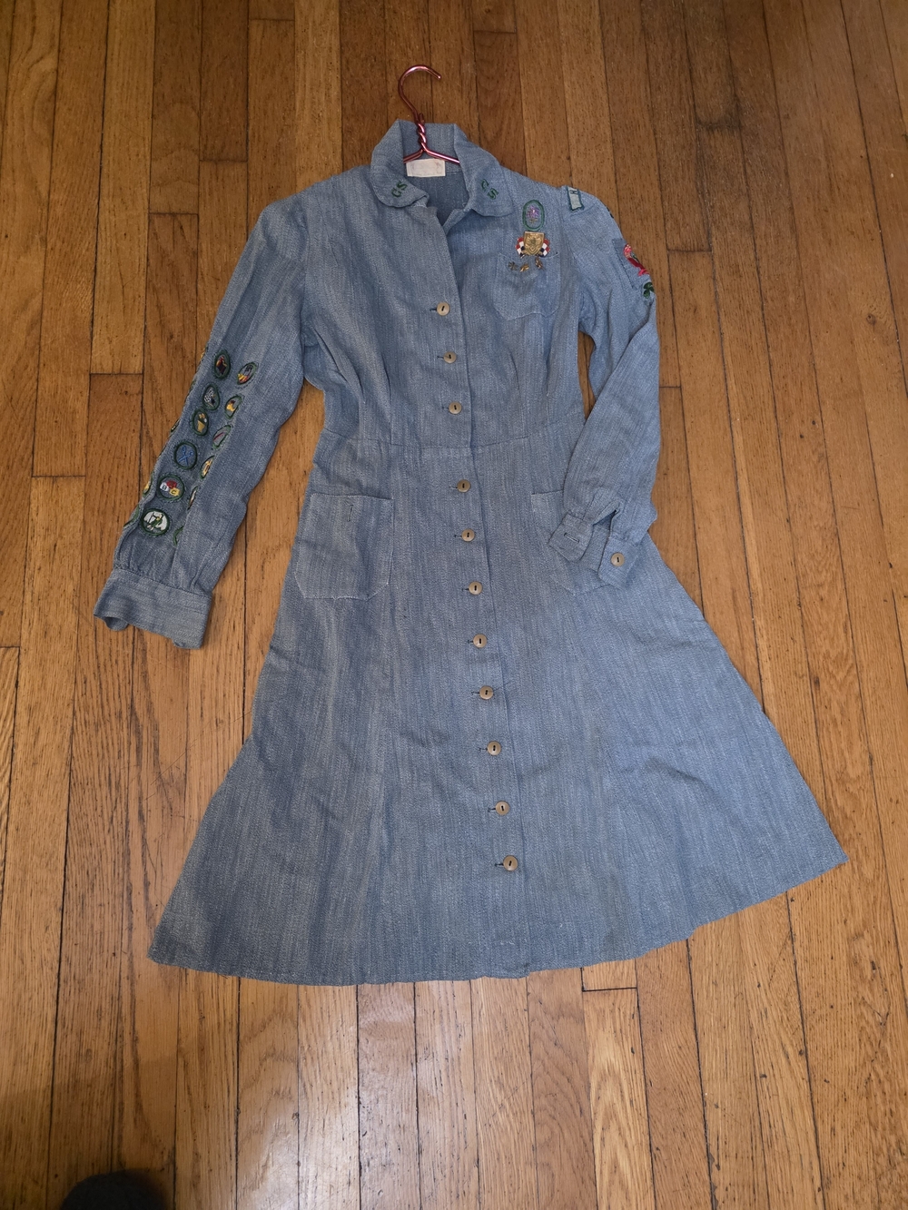 Vintage Girl Scout Blue Button-Front Embroidered Shirt Dress